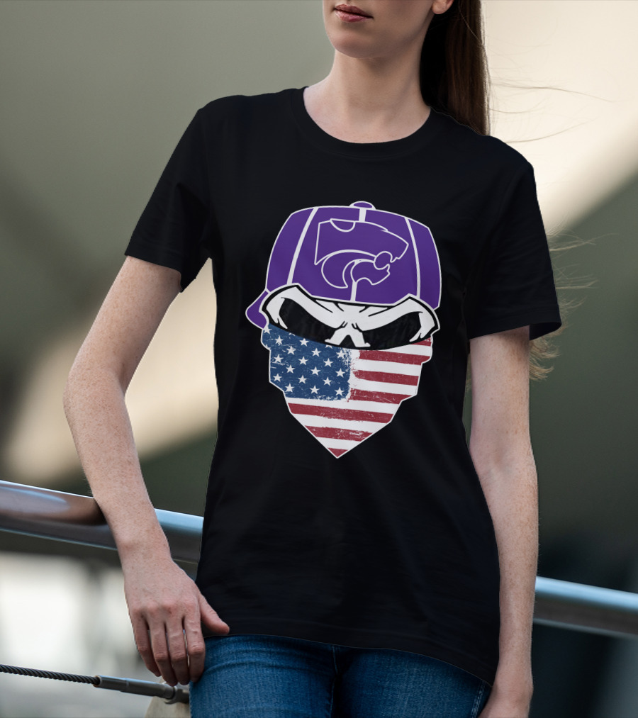 Kansas State Wildcats American Flag Skull Hat T-Shirt