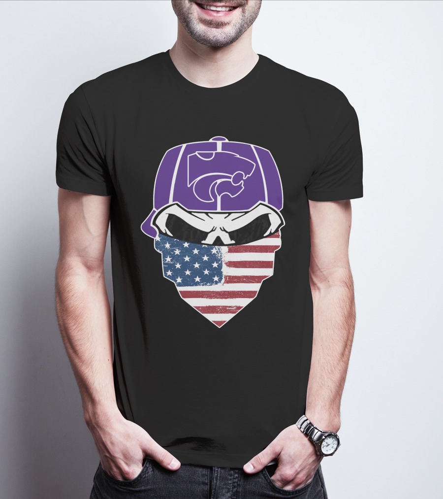 Kansas State Wildcats American Flag Skull Hat T-Shirt