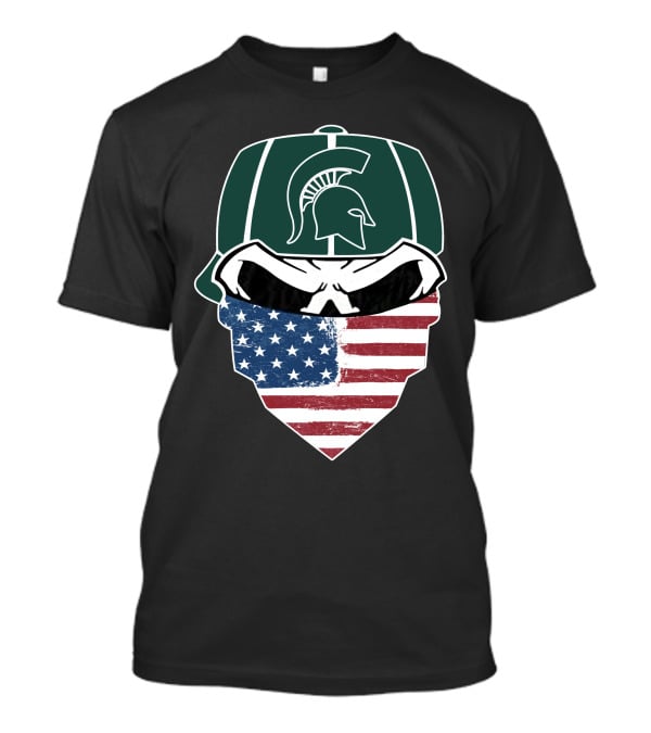 Michigan State Spartans Skulls Helmet With American Flag Bandana T-Shirt