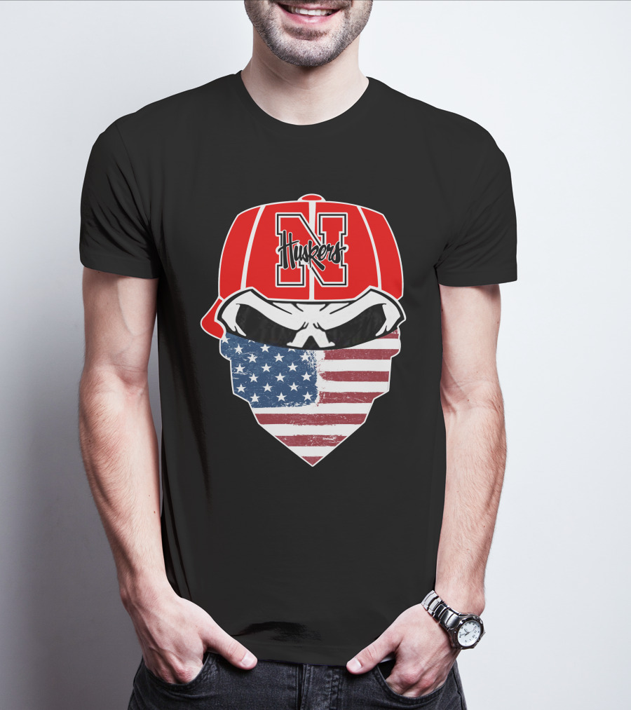 Nebraska Cornhuskers Skuls American Flag Mask N Logo Huskers Hat T-Shirt
