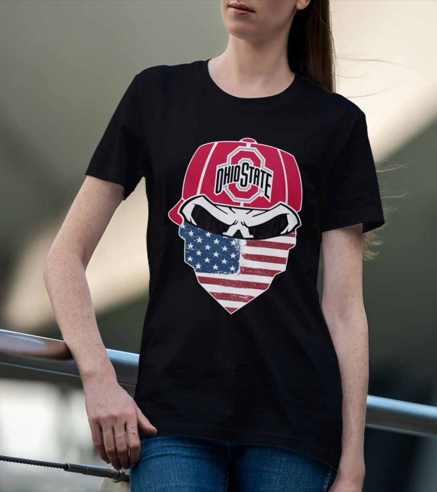 Ohio State Buckeyes Skull American Flag Bandana T-Shirt