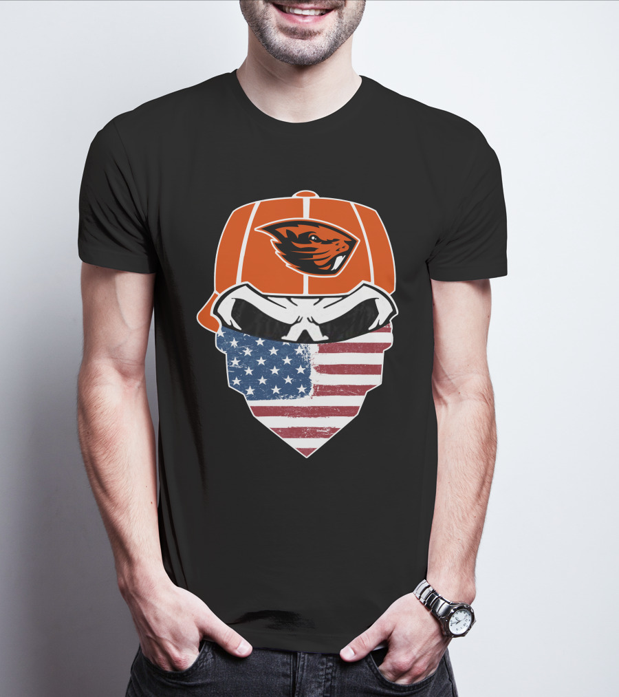 Oregon State Beavers Skull American Flag Bandana T-Shirt