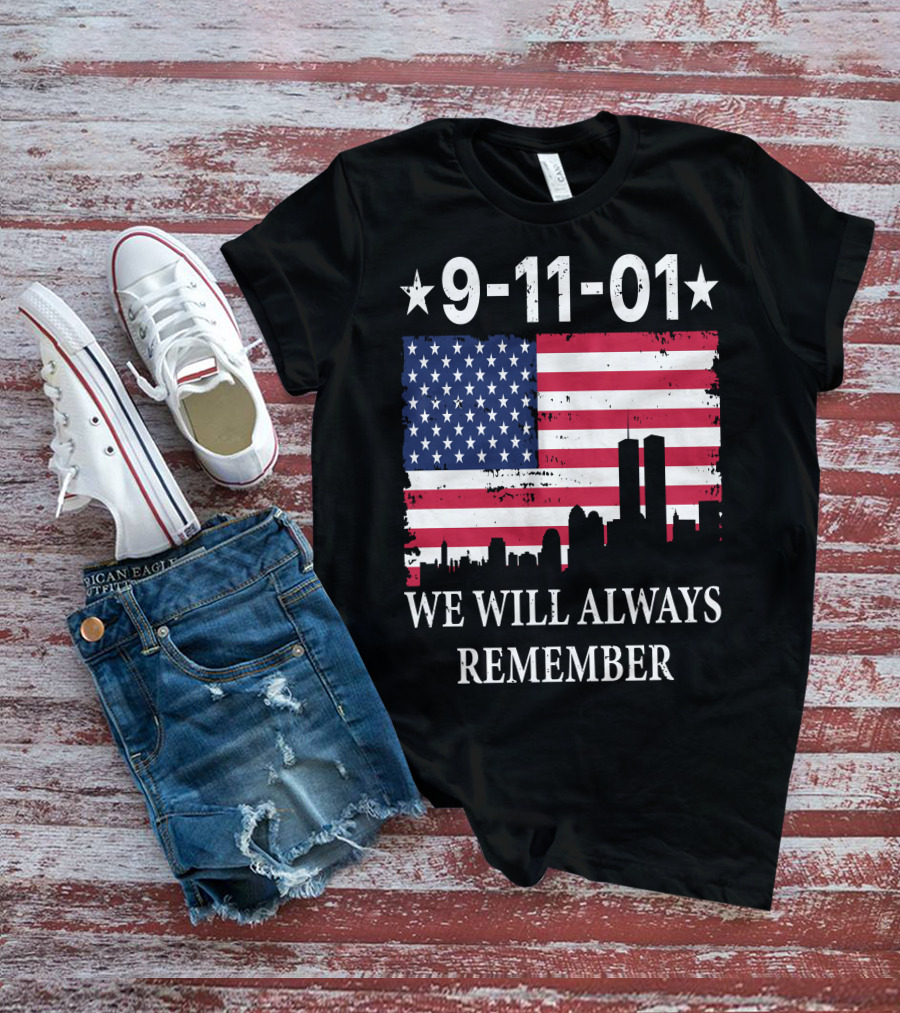9-11-01 We Will Always Remember Twin Towers American Flag Skyline T-Shirt