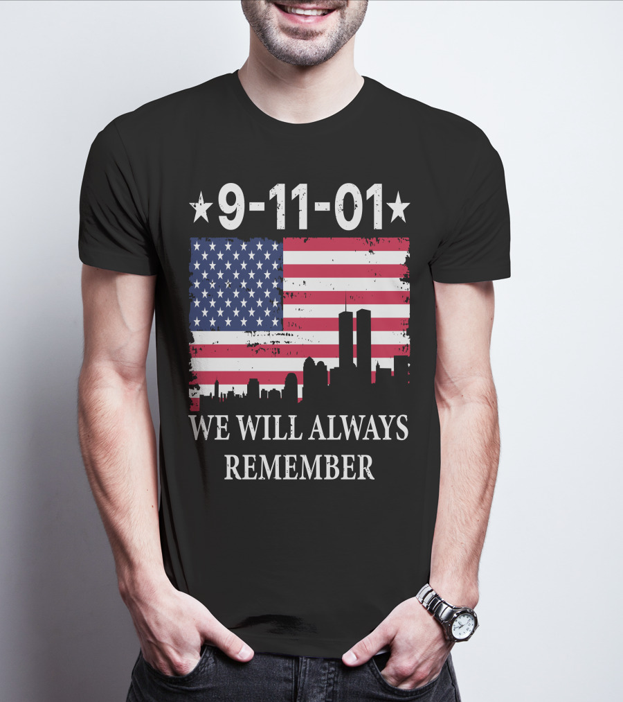9-11-01 We Will Always Remember Twin Towers American Flag Skyline T-Shirt