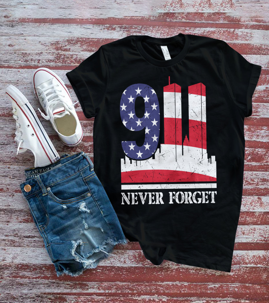 9 11 Never Forget Twin Towers American Flag T-Shirt