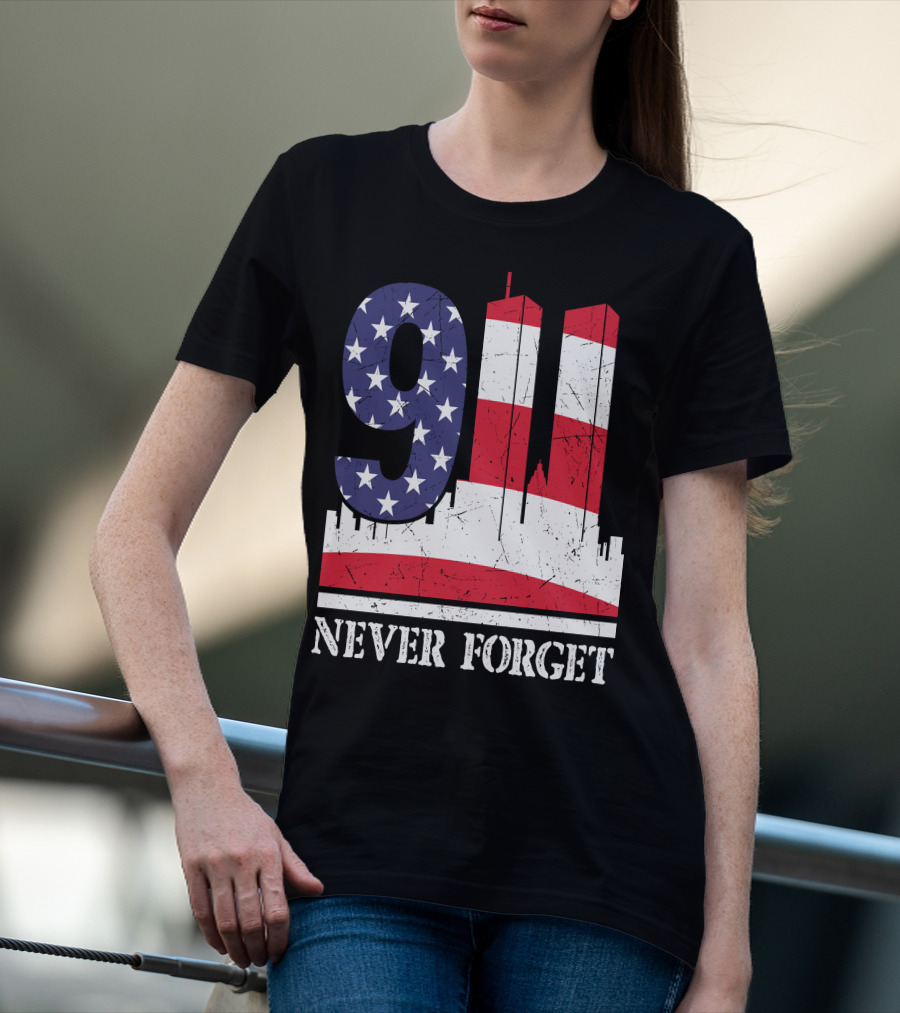 9 11 Never Forget Twin Towers American Flag T-Shirt