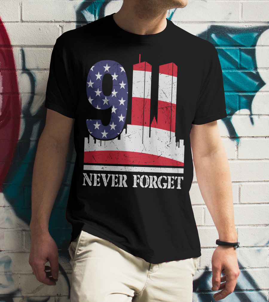9 11 Never Forget Twin Towers American Flag T-Shirt