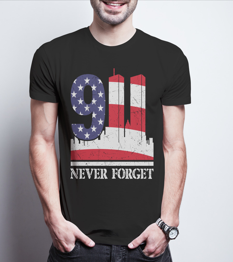 9 11 Never Forget Twin Towers American Flag T-Shirt