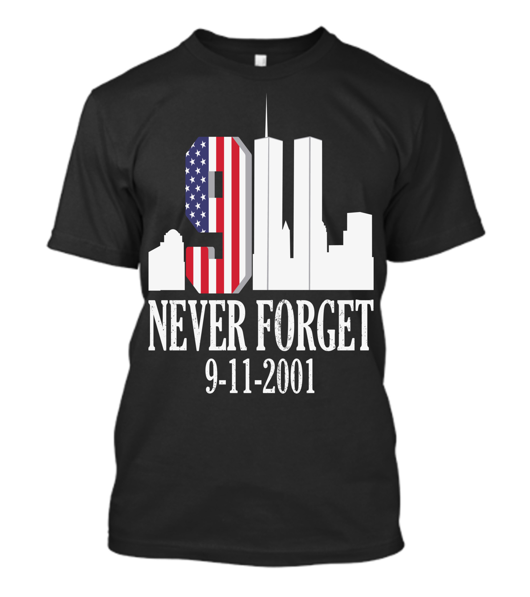 Never Forget 9-11-2001 American Flag Twin Towers Skyline T-Shirt