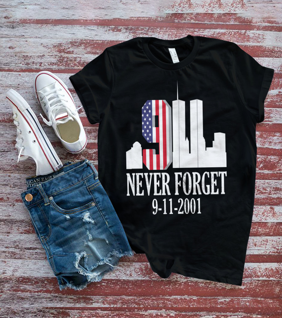 Never Forget 9-11-2001 American Flag Twin Towers Skyline T-Shirt