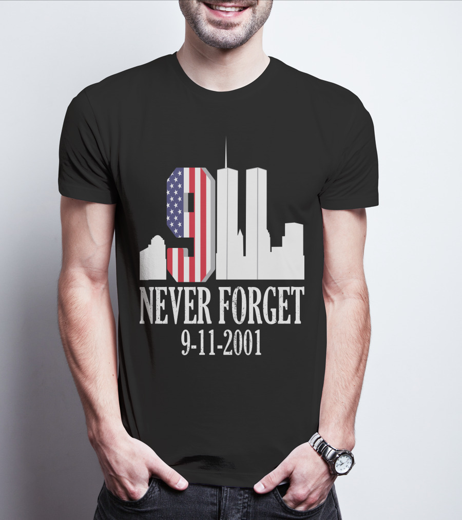 Never Forget 9-11-2001 American Flag Twin Towers Skyline T-Shirt