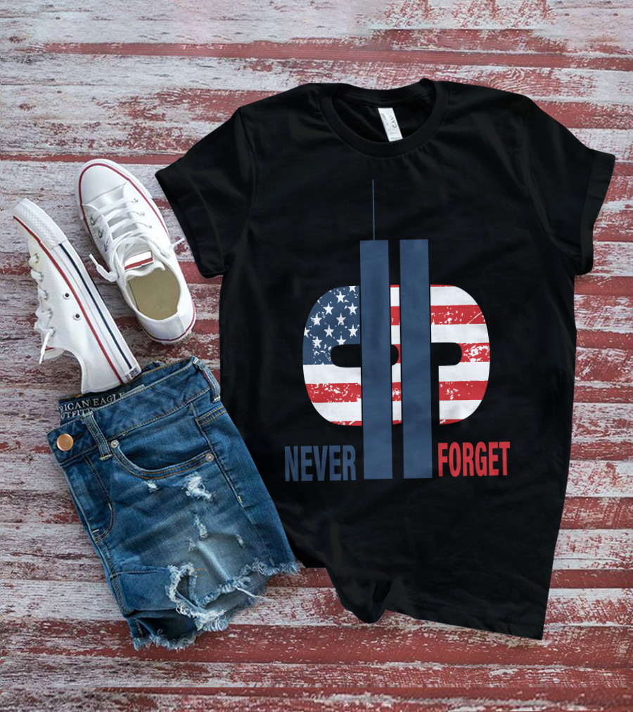 Never Forget 9.11 American Flag Tribute With Twin Towers Symbol T-Shirt