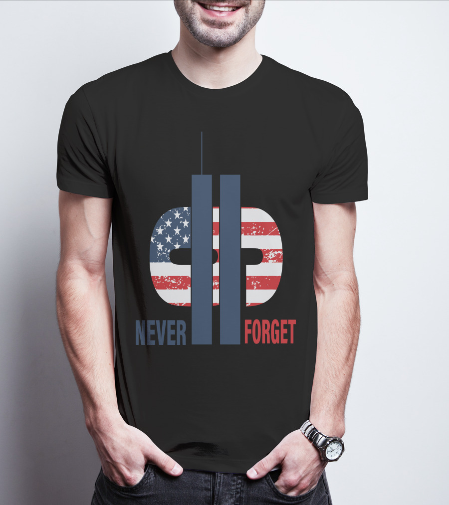 Never Forget 9.11 American Flag Tribute With Twin Towers Symbol T-Shirt