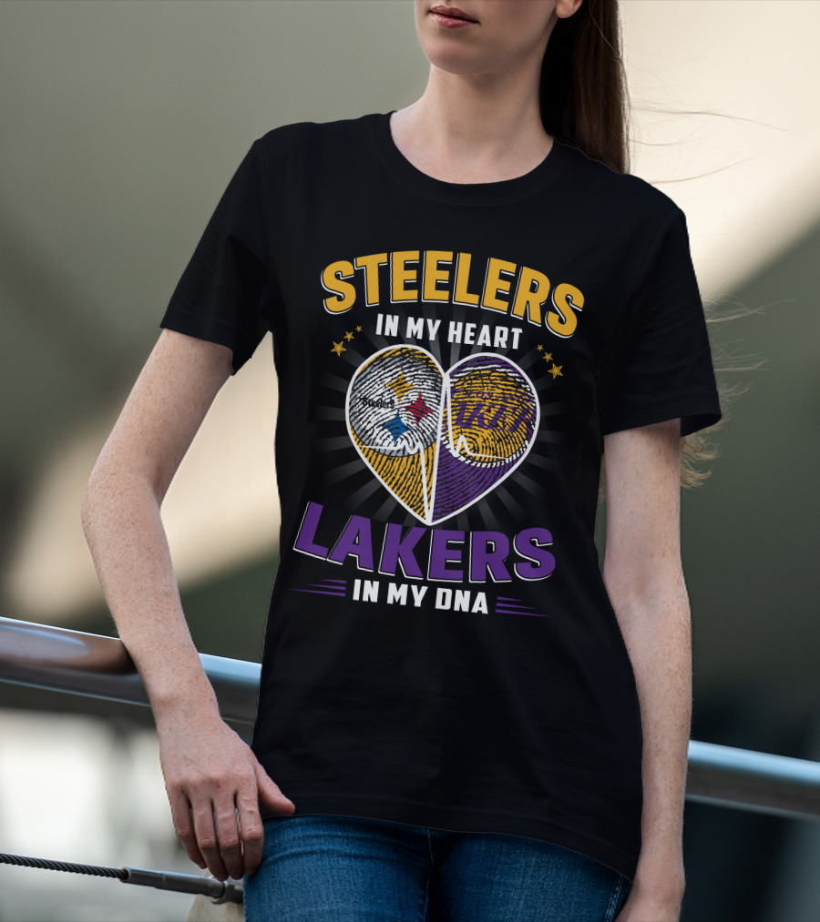 Steelers In My Heart Lakers In My Dna Fingerprint Heart T-Shirt