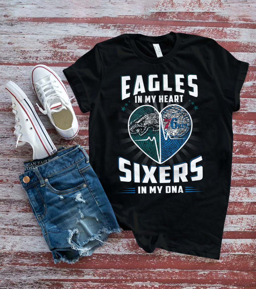 Eagles In My Heart With Sixers In My Dna Fingerprint Heart T-Shirt