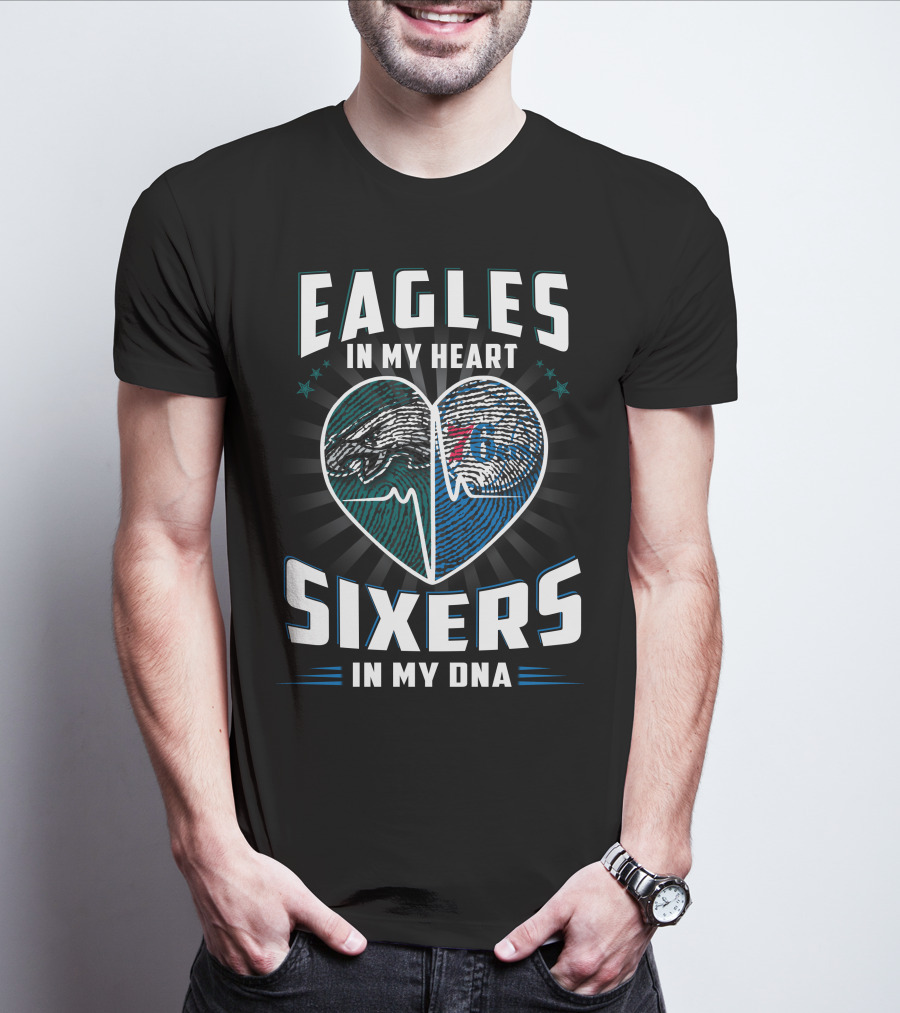 Eagles In My Heart With Sixers In My Dna Fingerprint Heart T-Shirt