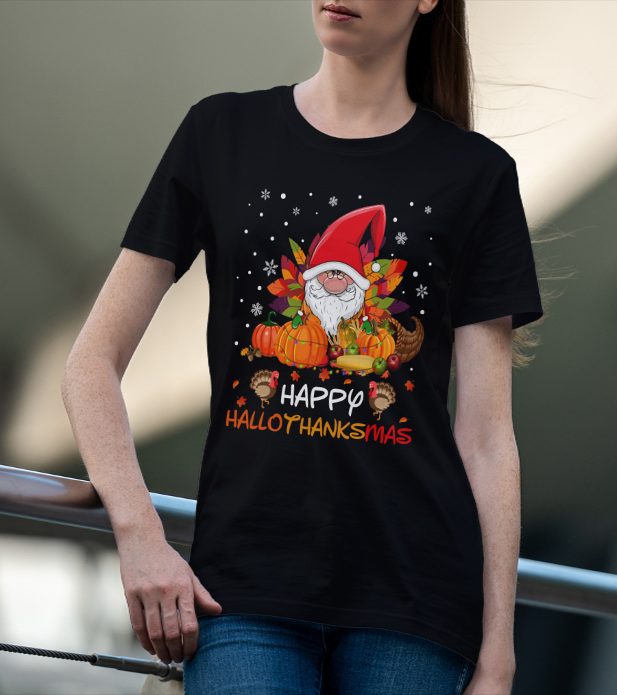 Happy HalloThanksMas Santa Hat Pumpkins Turkeys Cornucopia Snowflakes T-Shirt