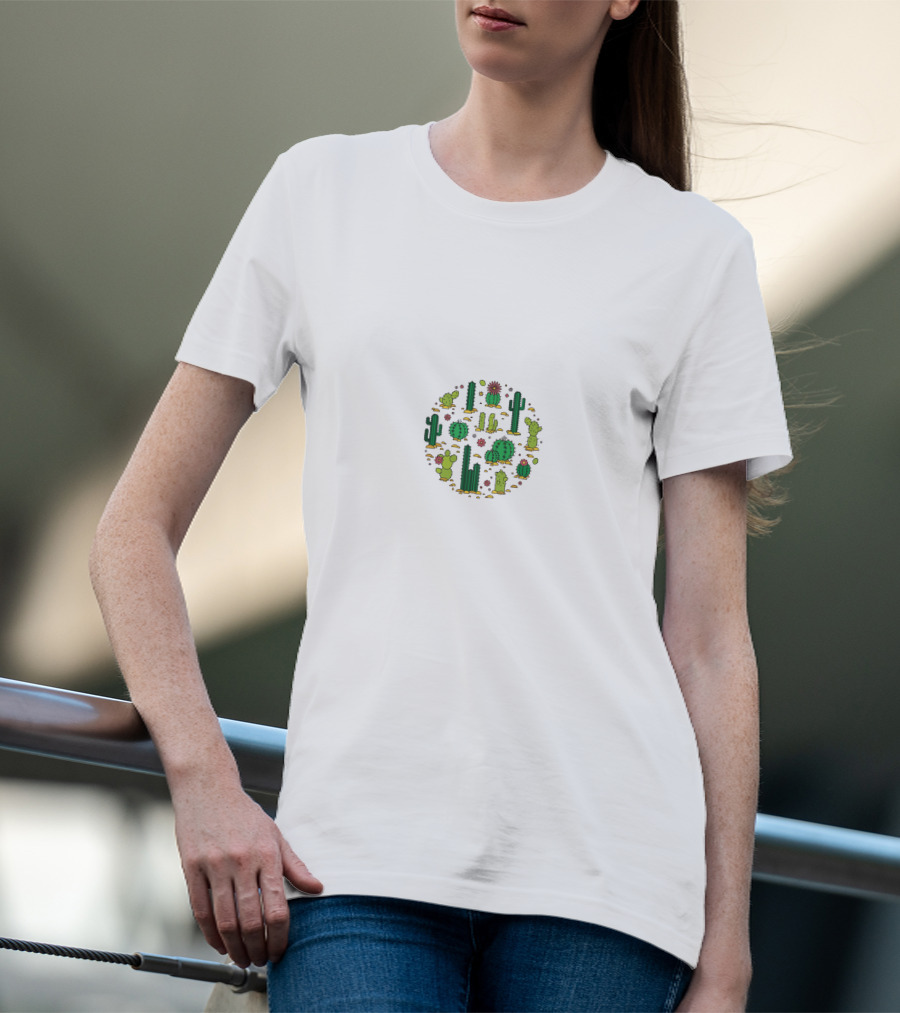 Cactus Pattern Circle Succulents With Floral Elements T-Shirt