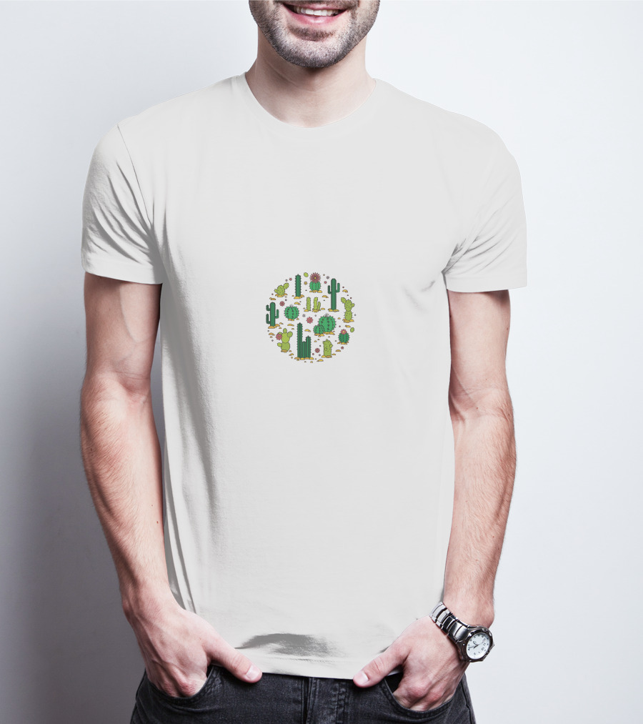 Cactus Pattern Circle Succulents With Floral Elements T-Shirt