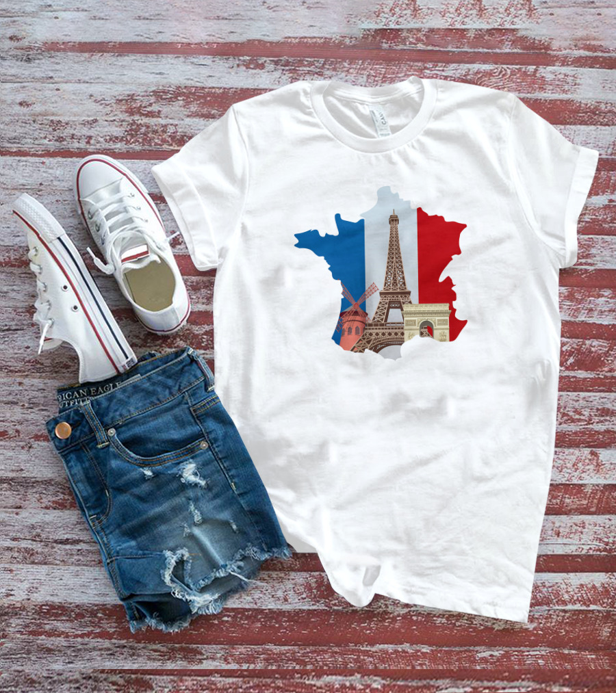 France Map With Eiffel Tower And Moulin Rouge On Tricolor Flag T-Shirt