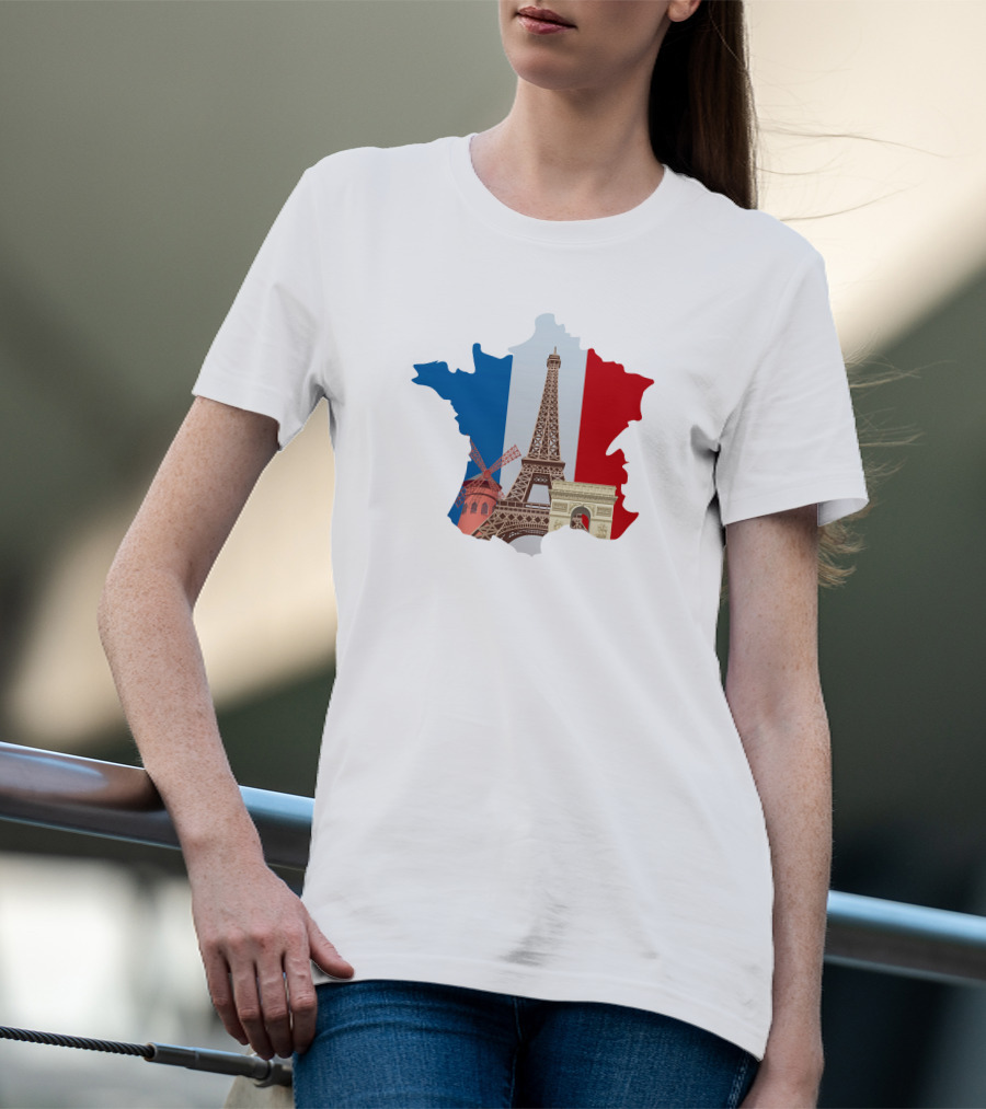 France Map With Eiffel Tower And Moulin Rouge On Tricolor Flag T-Shirt
