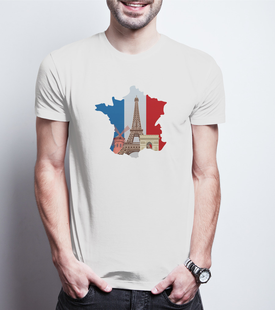 France Map With Eiffel Tower And Moulin Rouge On Tricolor Flag T-Shirt