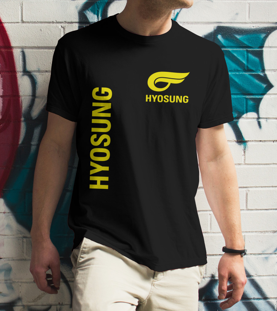 HYOSUNG Logo Stylized Yellow Text Brand T-Shirt
