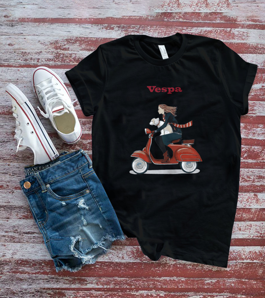 Vespa Red Scooter Woman Dog Pink Background T-Shirt