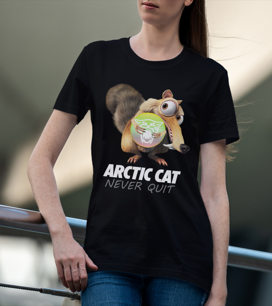 ARCTIC CAT NEVER QUIT Cartoon Character Holding T-Shirt