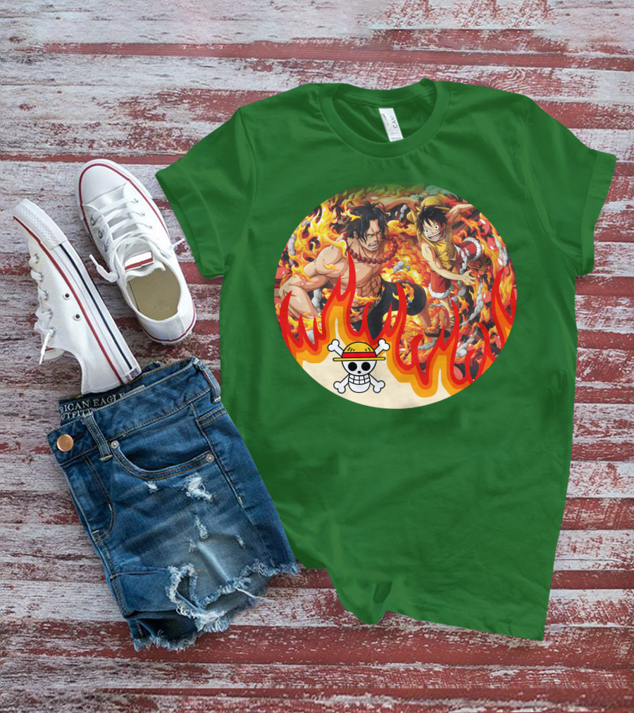 One Piece Luffy And Ace Fire Battle With Jolly Roger Hat T-Shirt