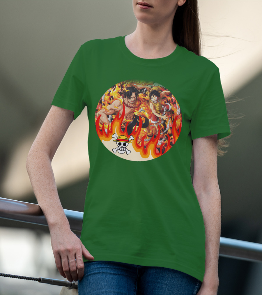 One Piece Luffy And Ace Fire Battle With Jolly Roger Hat T-Shirt