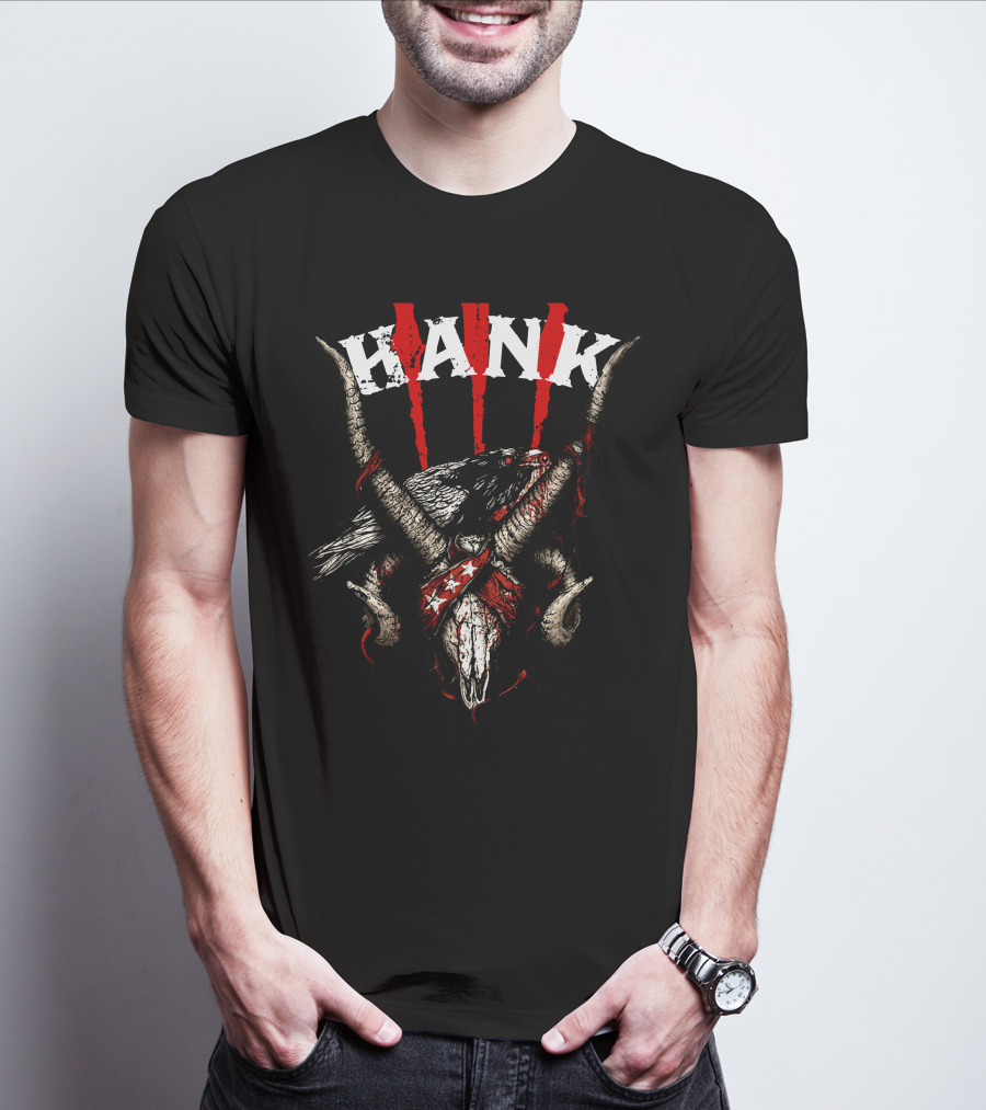 Hank III Bird Skull And Goat Horns Red Stripes T-Shirt