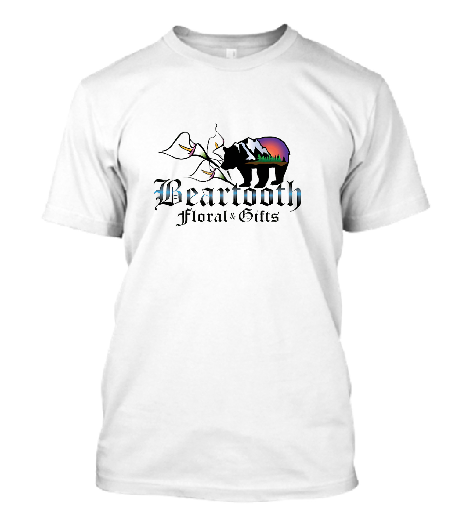 Beartooth Floral And Gifts Bear Silhouette With Mountain Sunset And Floral Elements T-Shirt