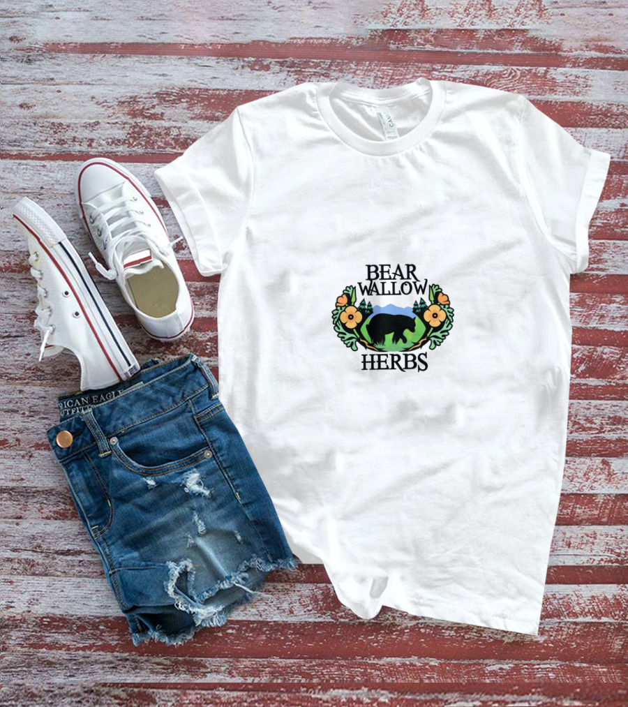 Bear Wallow Herbs Logo Bear Silhouette Mountains Flowers T-Shirt