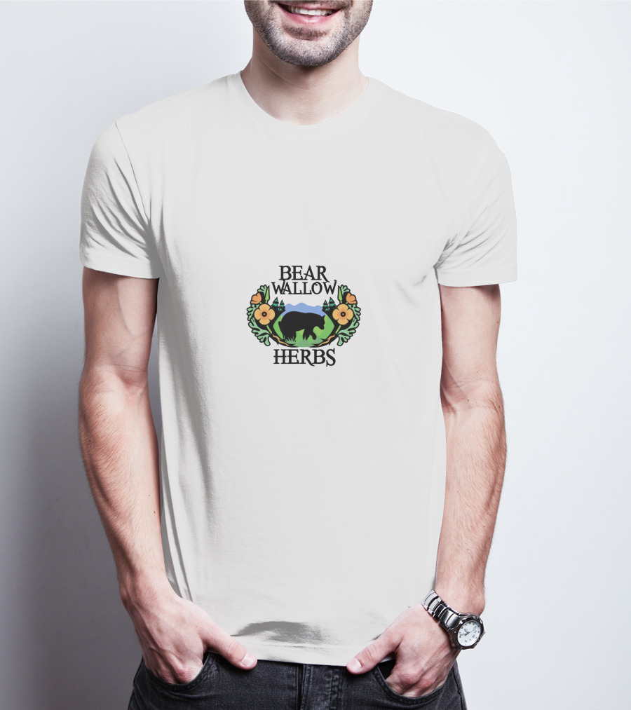 Bear Wallow Herbs Logo Bear Silhouette Mountains Flowers T-Shirt