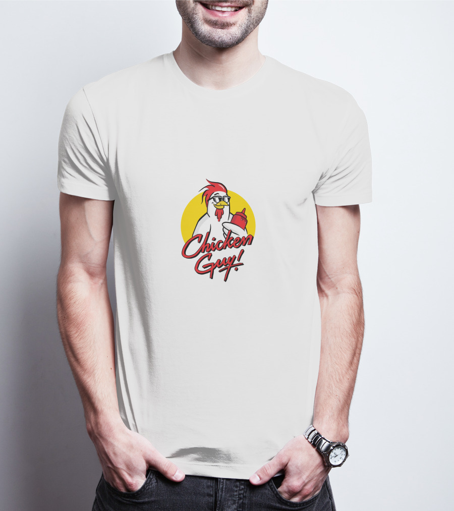 Chicken Guy Holding Sauce Bottle In Yellow Circle T-Shirt