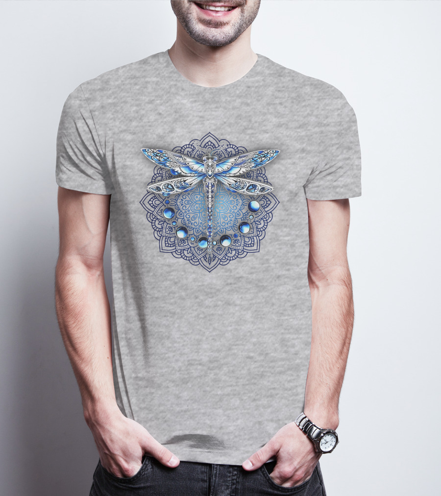 FLY GRADON Intricate Mandala Dragonfly Blue Gem Elements T-Shirt