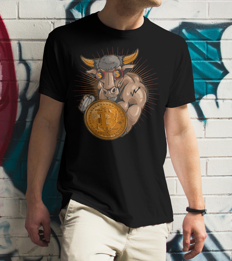Bull With Bitcoin Shield And Dollar Sign Glasses T-Shirt