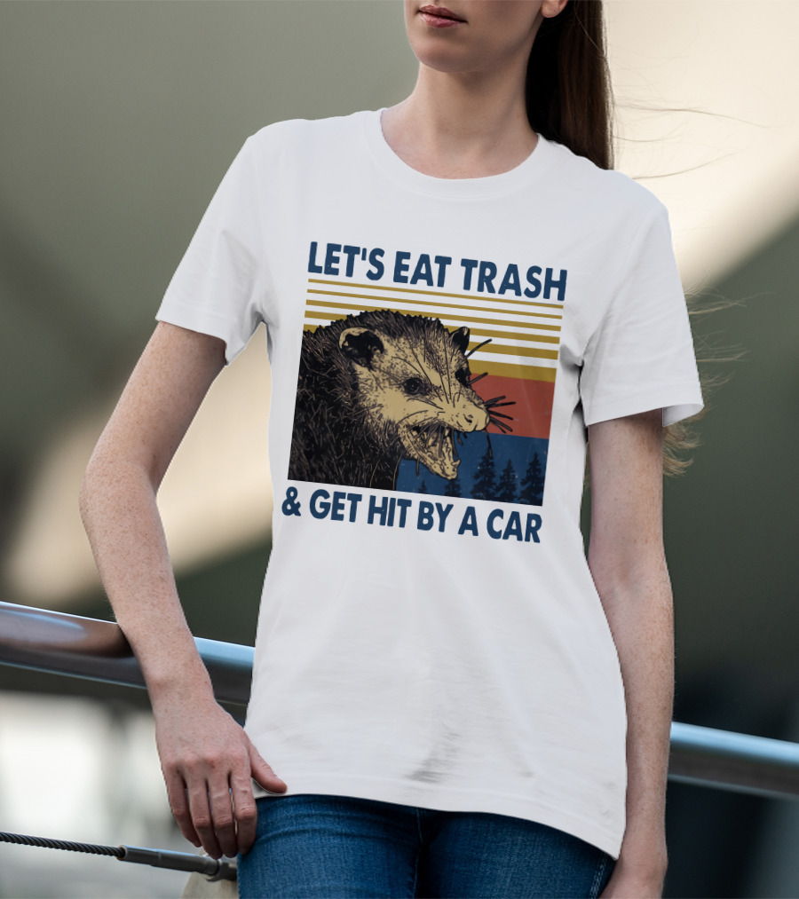 LET'S EAT TRASH And GET HIT BY A CAR Opossum Vintage Retro Stripe Forest T-Shirt