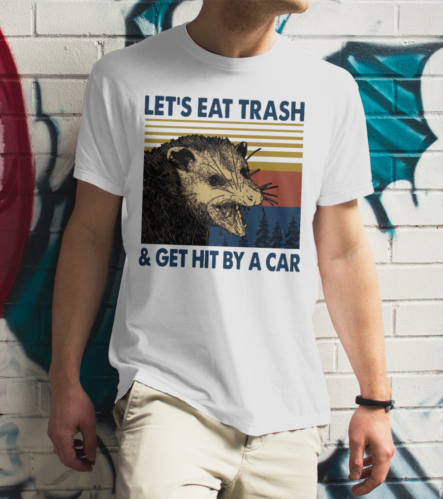 LET'S EAT TRASH And GET HIT BY A CAR Opossum Vintage Retro Stripe Forest T-Shirt