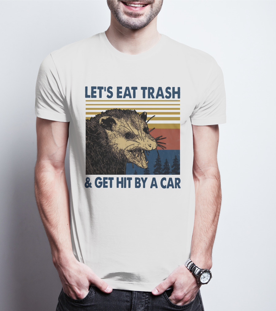 LET'S EAT TRASH And GET HIT BY A CAR Opossum Vintage Retro Stripe Forest T-Shirt