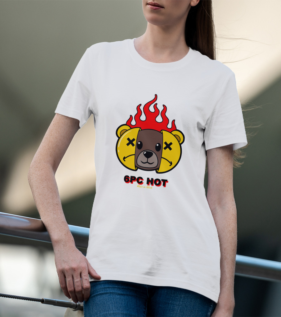 6pc Hot Make On Black Flame Bear T-Shirt