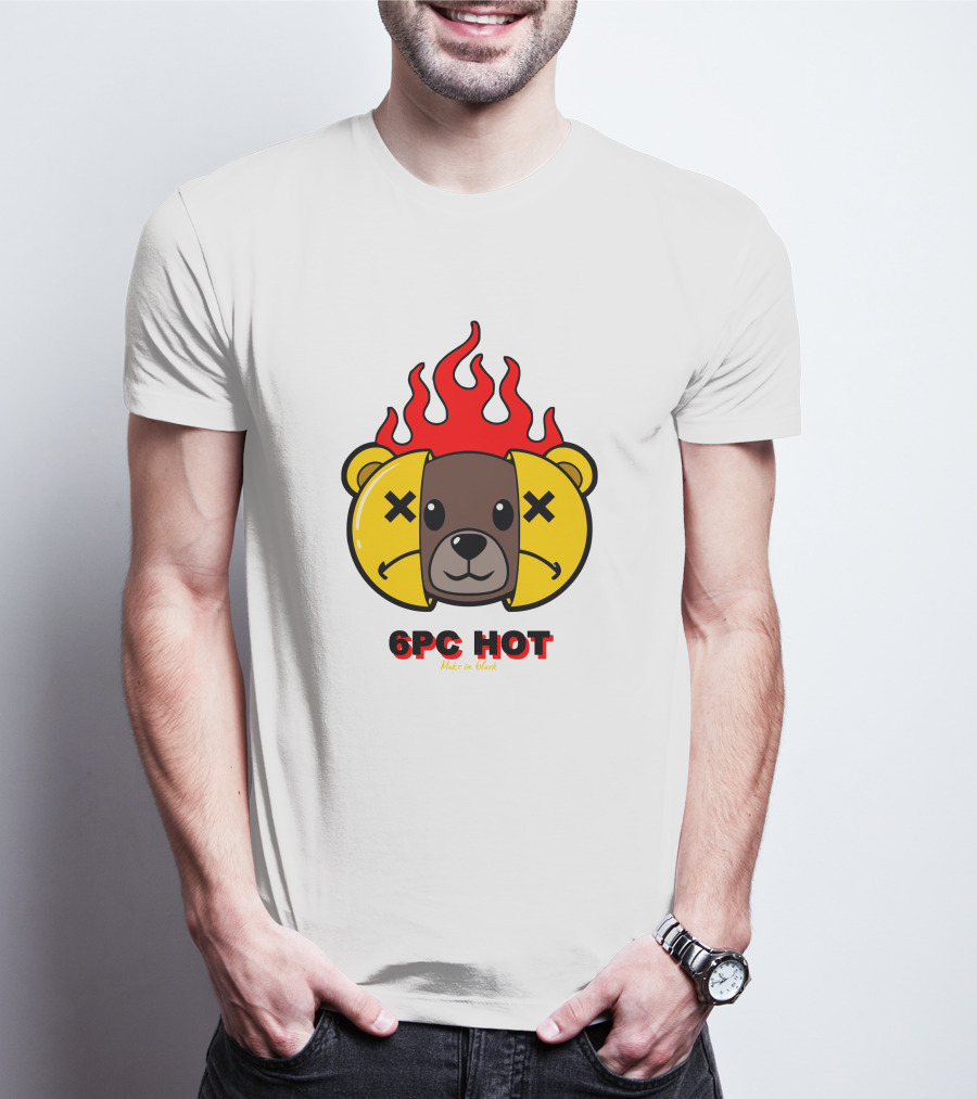 6pc Hot Make On Black Flame Bear T-Shirt