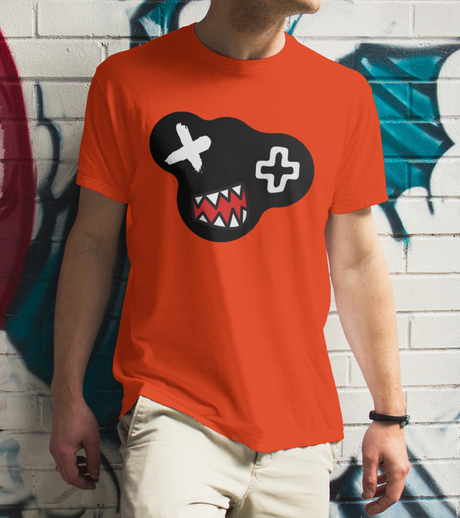 Monstrosity X Plus Mark Teeth Icon On Black Blob Shape T-Shirt