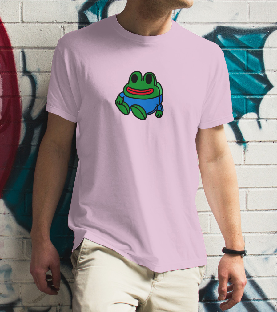 Mizkif Sat REALMizkif Pepe Frog Sitting Cartoon Pink Background T-Shirt