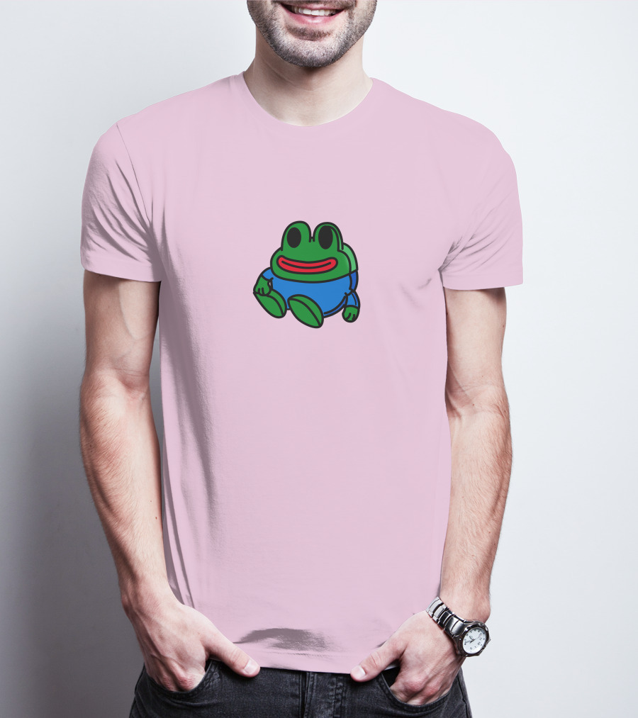 Mizkif Sat REALMizkif Pepe Frog Sitting Cartoon Pink Background T-Shirt
