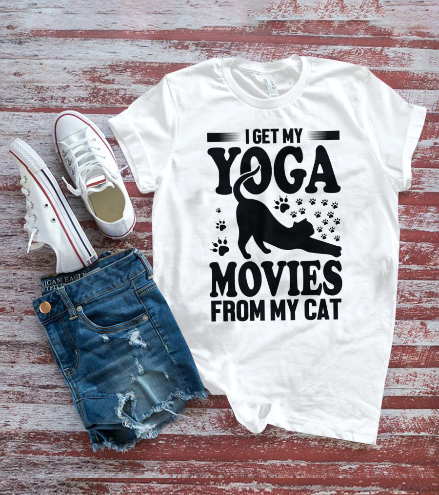 I Get My Yoga Moves And Inspiration From My Cat With Paw Prints And Stretching Cat T-Shirt