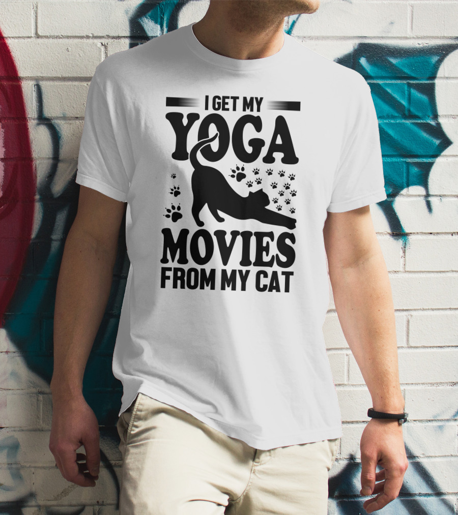 I Get My Yoga Moves And Inspiration From My Cat With Paw Prints And Stretching Cat T-Shirt