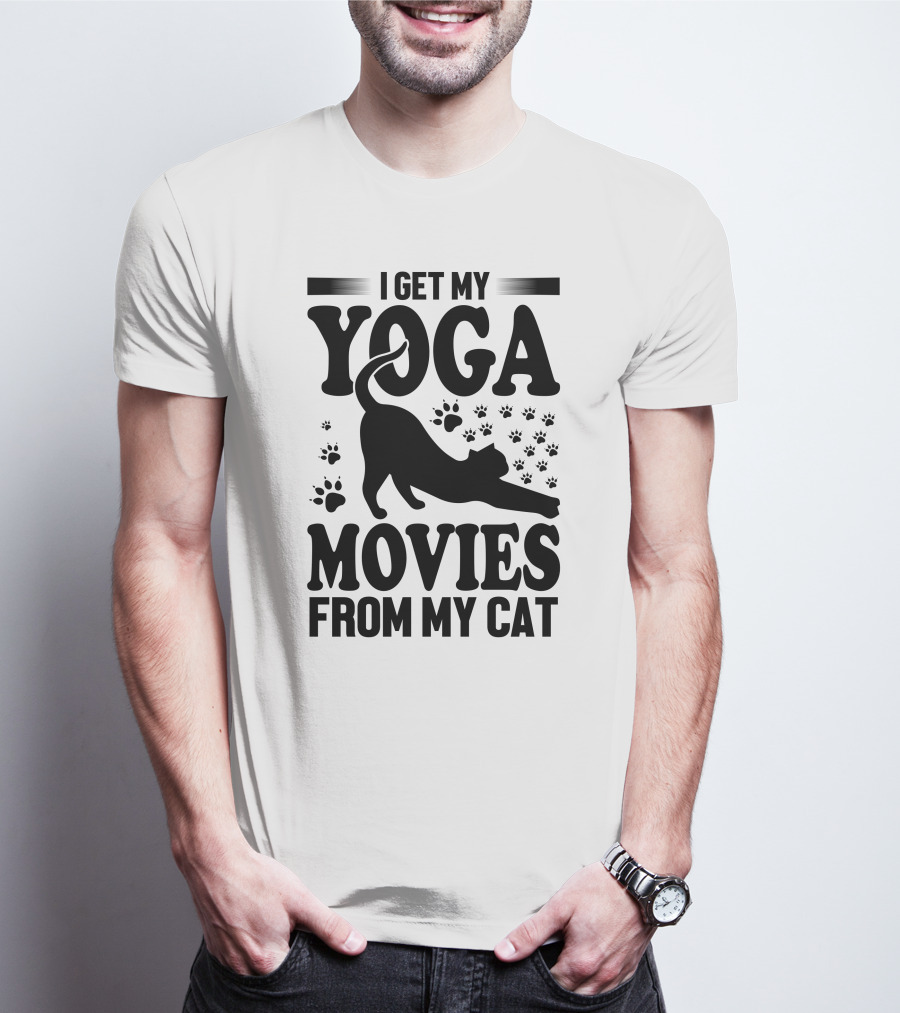 I Get My Yoga Moves And Inspiration From My Cat With Paw Prints And Stretching Cat T-Shirt