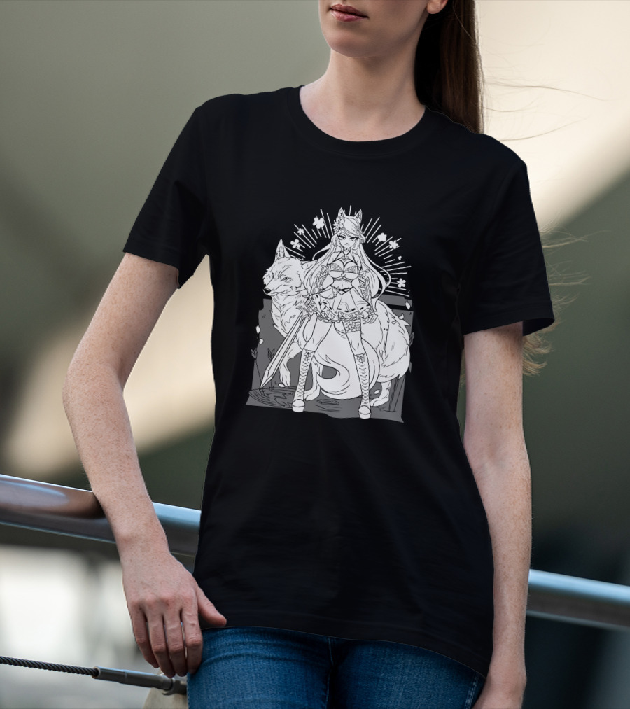 Shark Robot Silvervale Vshojo Warrior With Wolf Companion T-Shirt